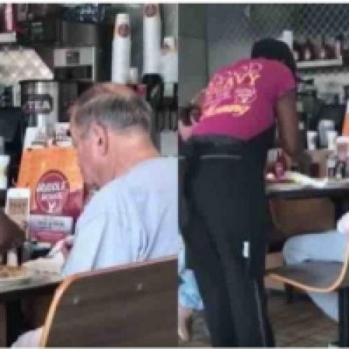 RESTAURANT EMPLOYEE HELPS MAN STRUGGLING TO CUT PANCAKES